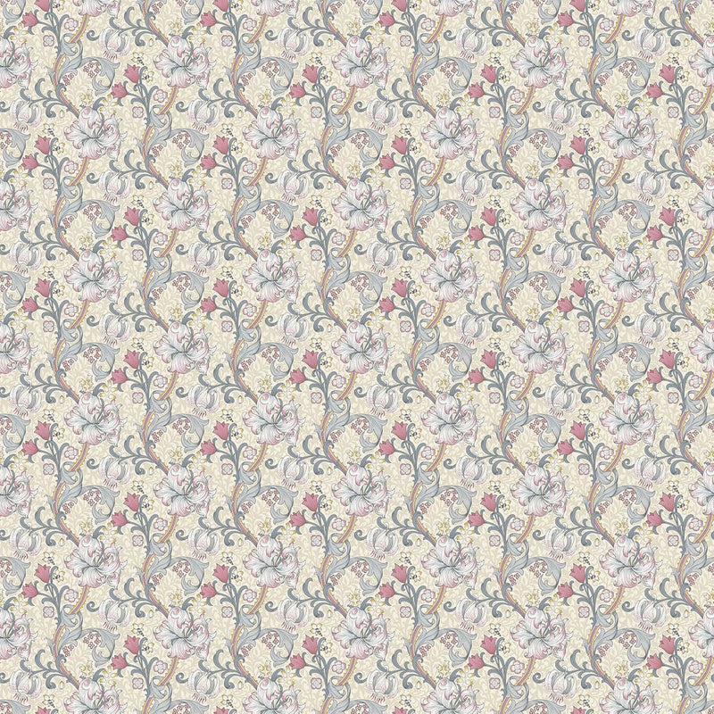 F1677/01 Golden Lily William Morris Designs Dove and Plum Fabric by Clarke & Clarke