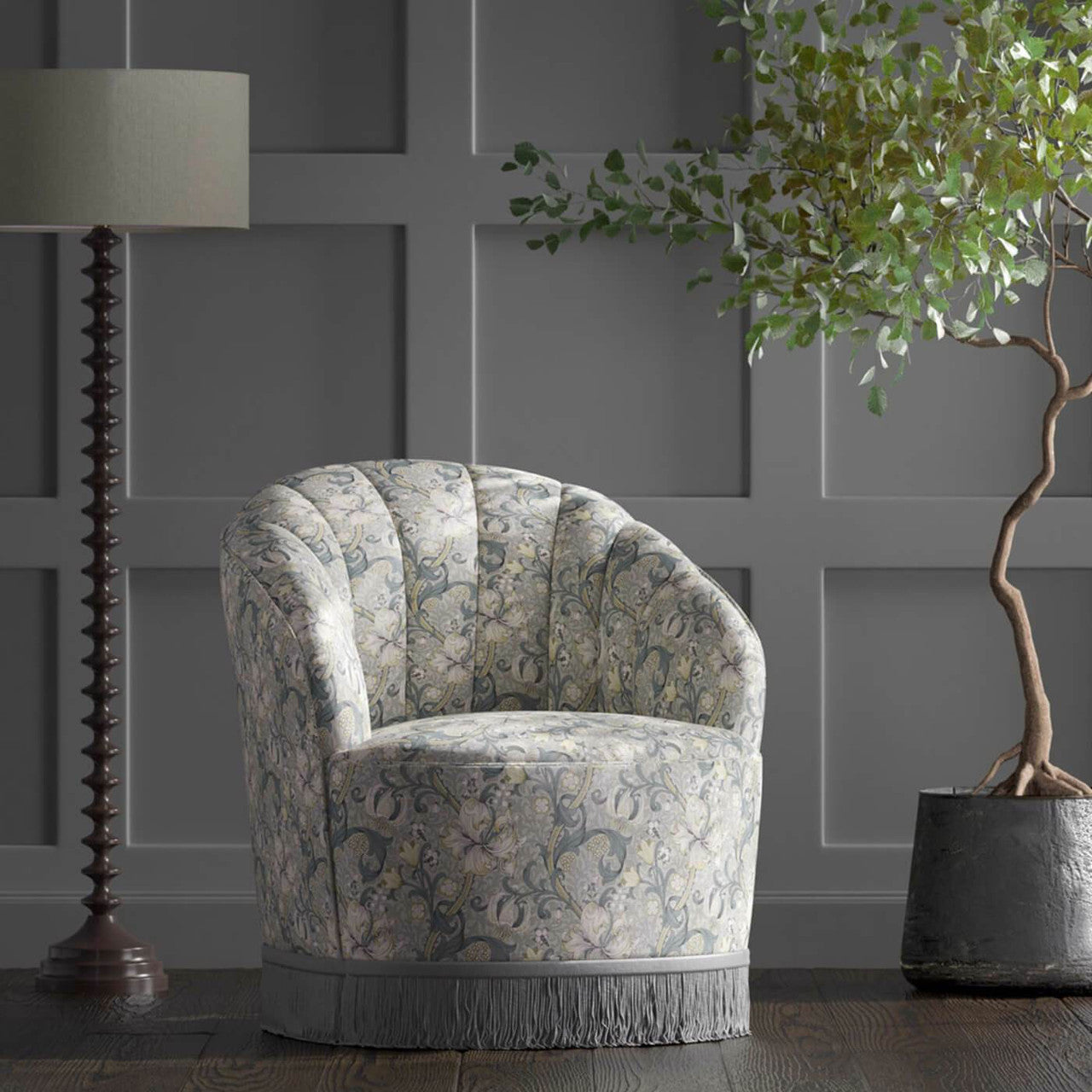 F1677/02 Golden Lily William Morris Designs Slate and Dove Fabric by Clarke & Clarke