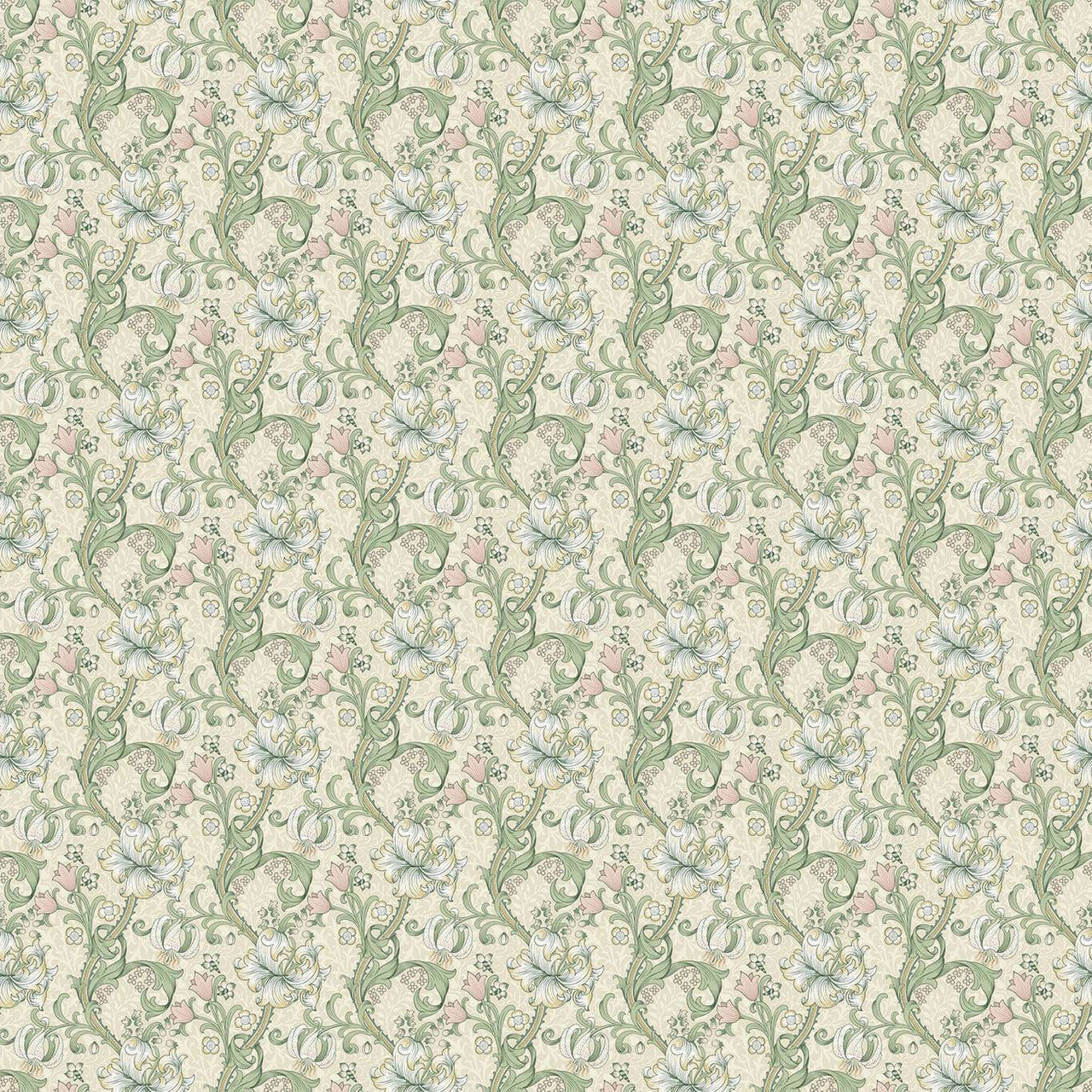 F1677/03 Golden Lily William Morris Designs Linen and Blush Fabric by Clarke & Clarke