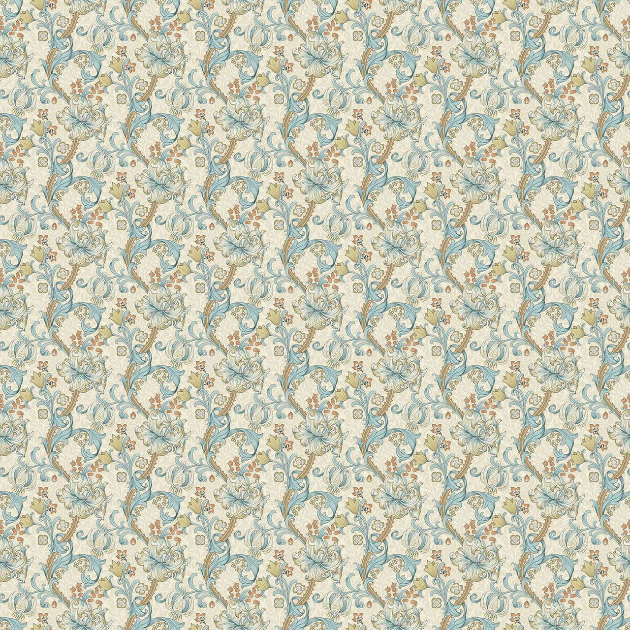 F1677/04 Golden Lily William Morris Designs Linen and Teal Fabric by Clarke & Clarke