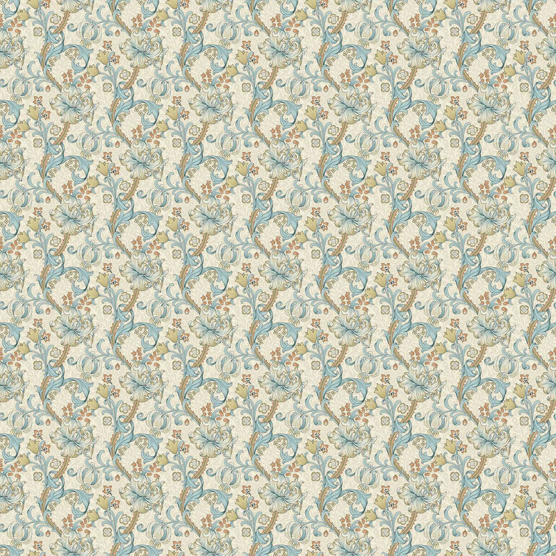 F1677/04 Golden Lily William Morris Designs Linen and Teal Fabric by Clarke & Clarke