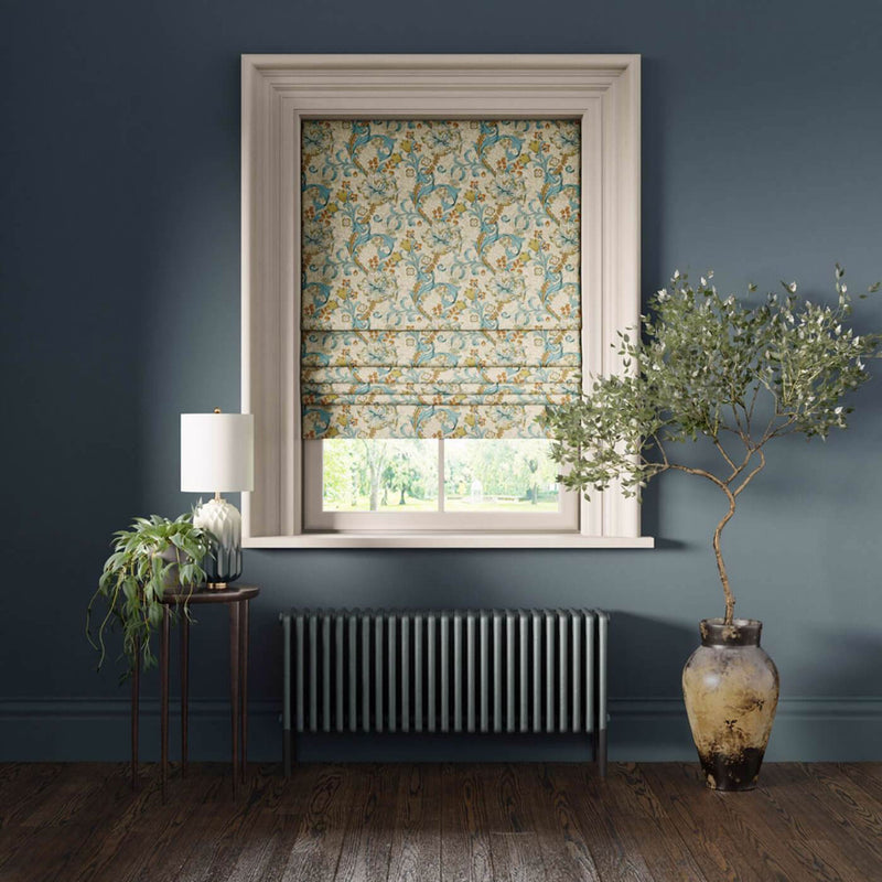 F1677/04 Golden Lily William Morris Designs Linen and Teal Fabric by Clarke & Clarke