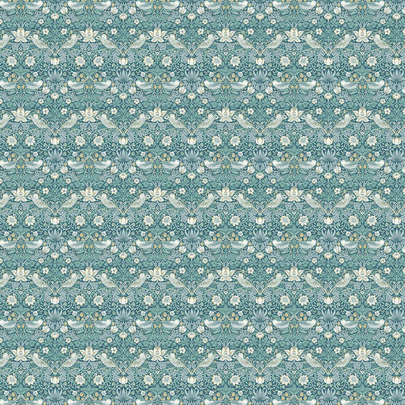F1678/01 Strawberry Thief William Morris Designs Teal Fabric by Clarke & Clarke