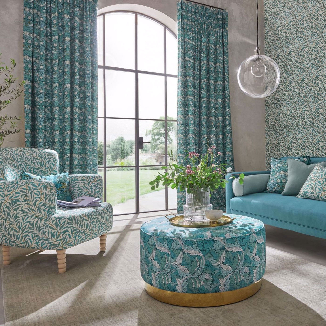 F1680/04 Mallow William Morris Designs Teal Fabric by Clarke & Clarke