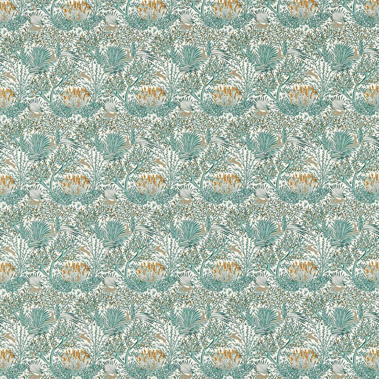 F1706/04 Wilderwood Studio G Northwood Teal / Spice Fabric by Clarke & Clarke