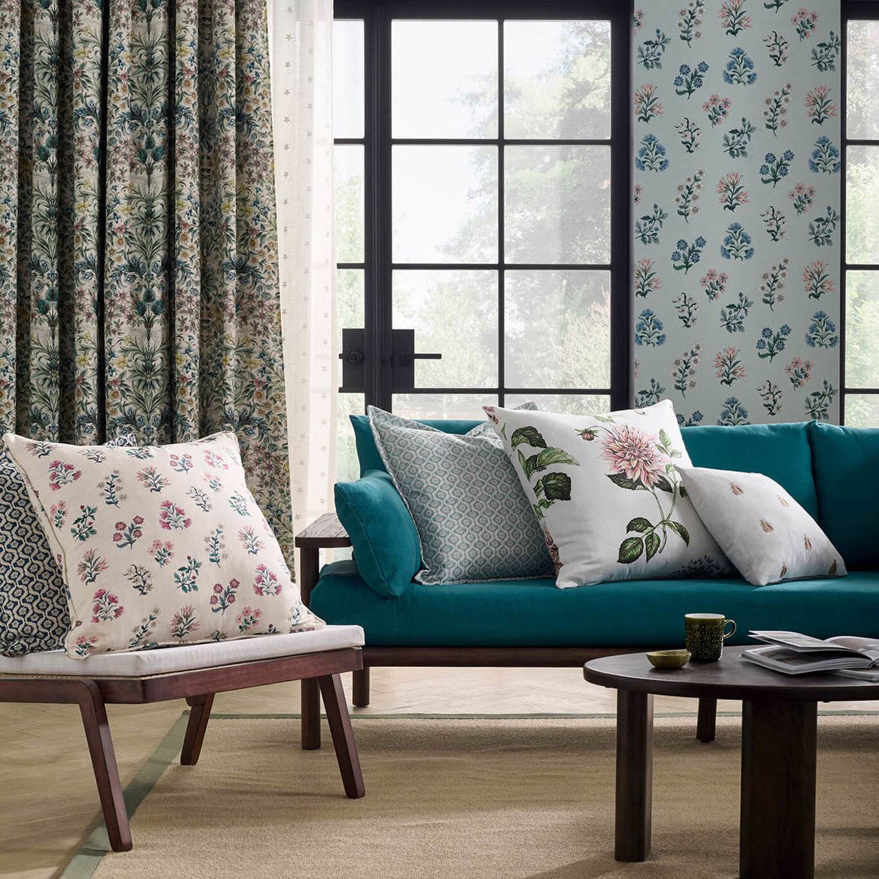 F1736/05 Leiden Secret Garden Teal/Berry Clarke & Clarke Fabric