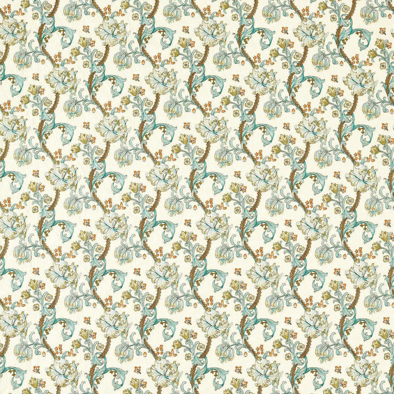 F1742/03 Golden Lily Embroidery William Morris Weaves Linen/Teal Fabric by Clarke & Clarke