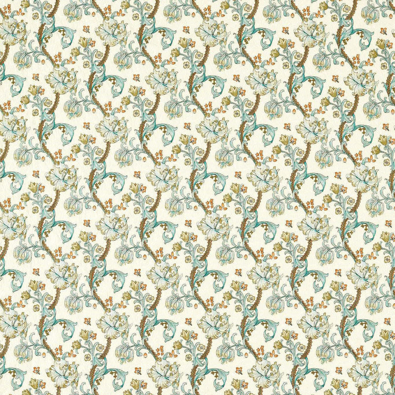 F1742/03 Golden Lily Embroidery William Morris Weaves Linen/Teal Fabric by Clarke & Clarke