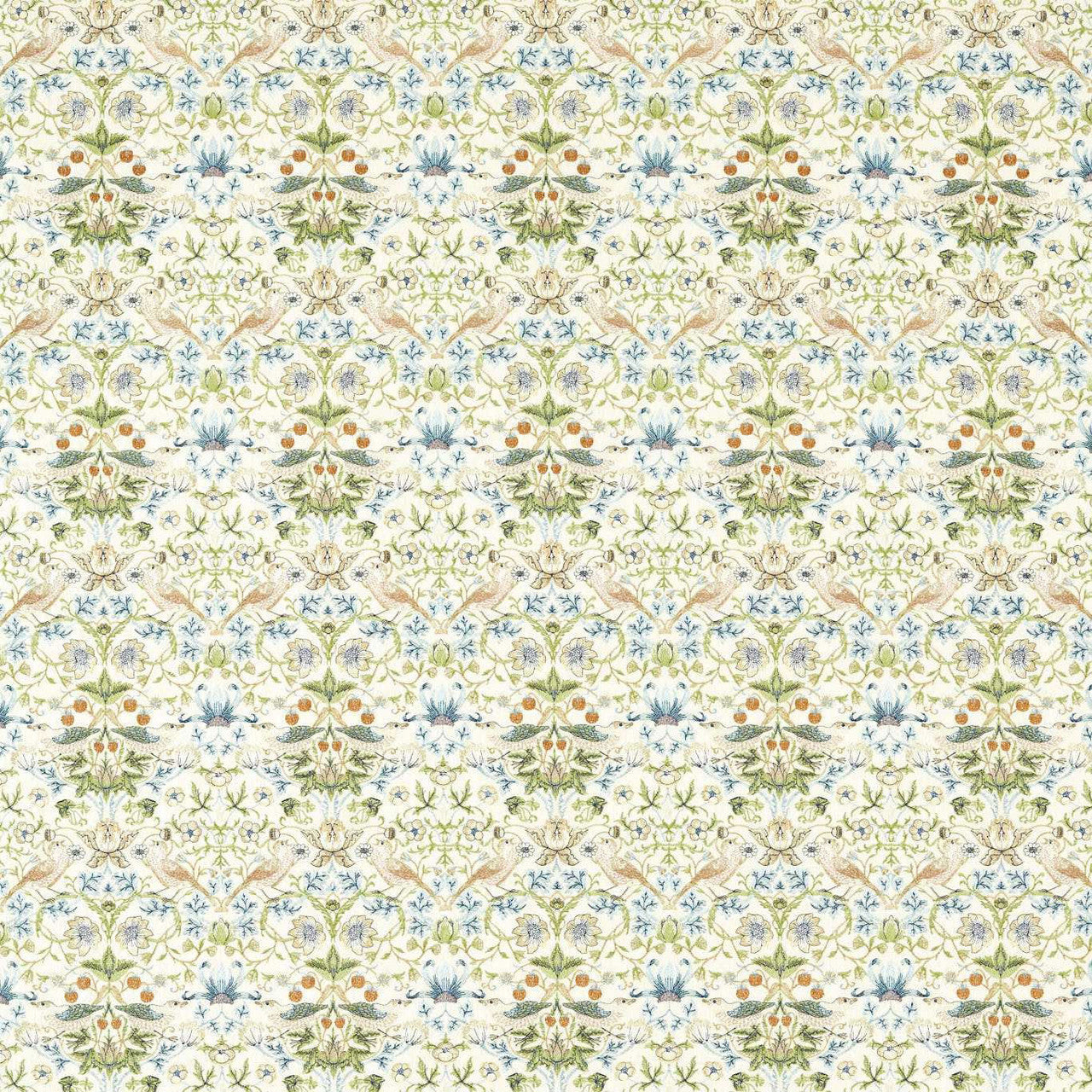F1745/01 Strawberry Thief Embroidery William Morris Weaves Apple/Blue Fabric by Clarke & Clarke