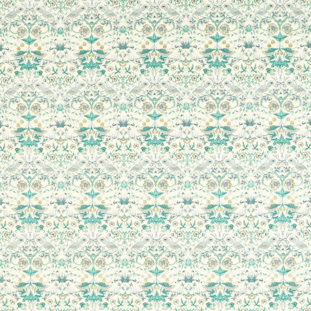 F1745/04 Strawberry Thief Embroidery William Morris Weaves Teal Fabric by Clarke & Clarke