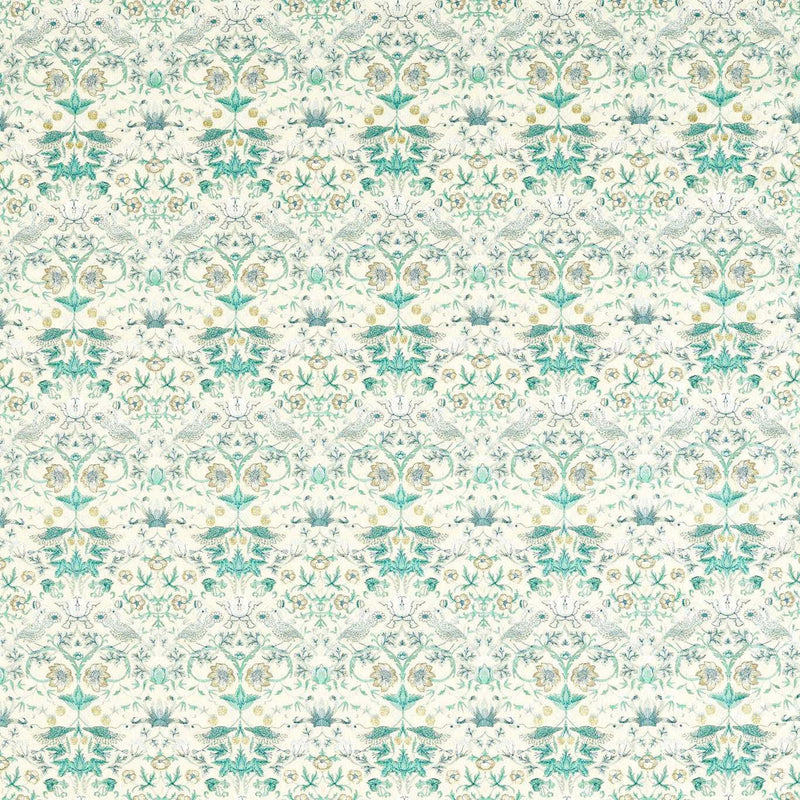 F1745/04 Strawberry Thief Embroidery William Morris Weaves Teal Fabric by Clarke & Clarke