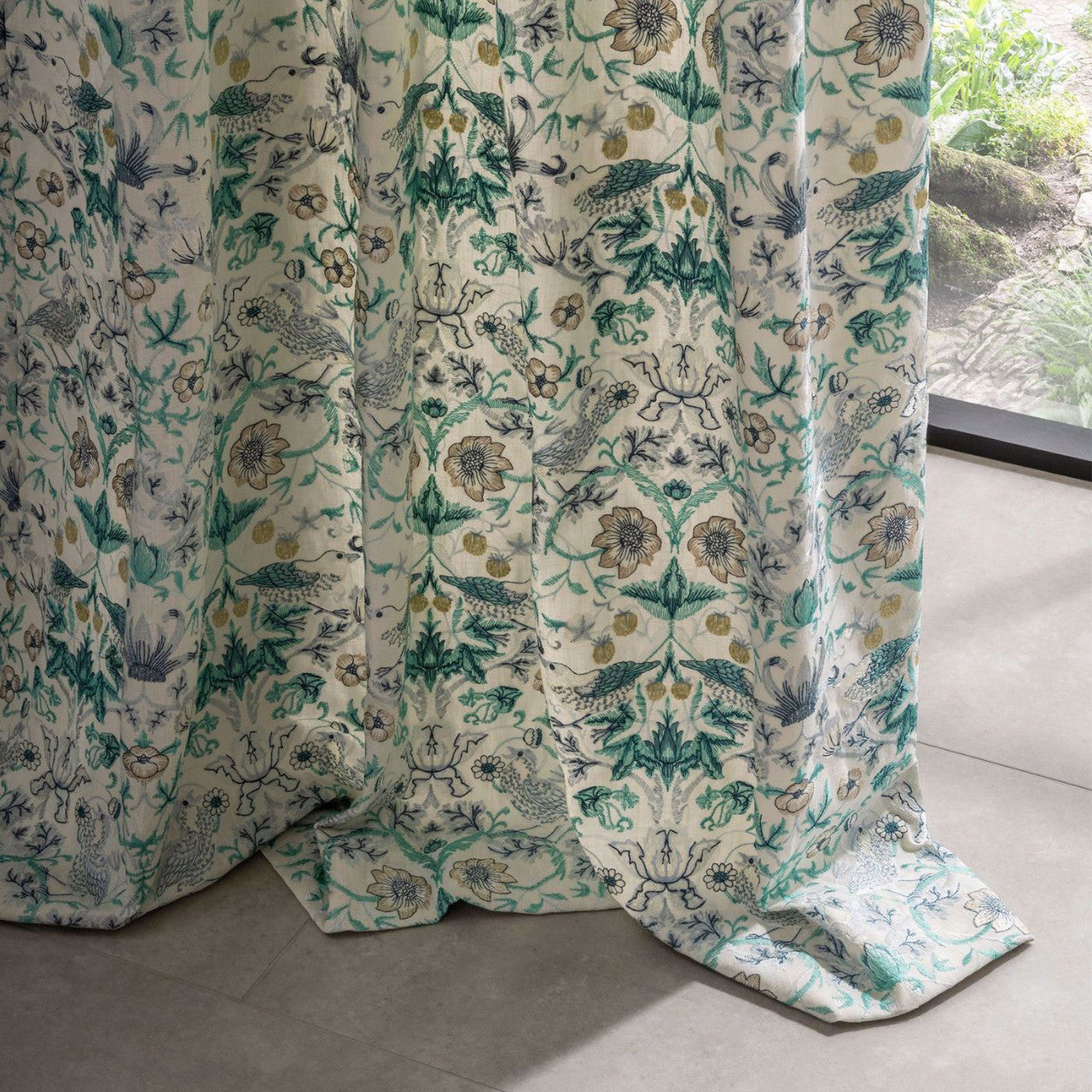 F1745/04 Strawberry Thief Embroidery William Morris Weaves Teal Fabric by Clarke & Clarke