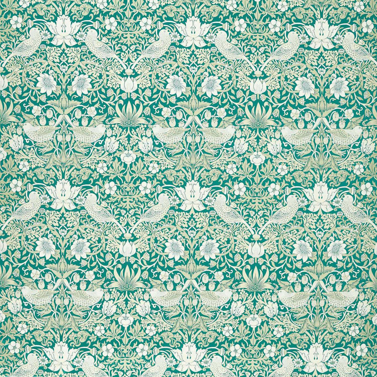 F1746/06 Strawberry Thief Jacquard William Morris Weaves Teal Fabric by Clarke & Clarke