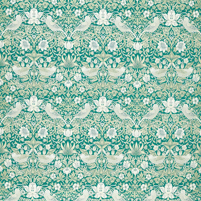F1746/06 Strawberry Thief Jacquard William Morris Weaves Teal Fabric by Clarke & Clarke