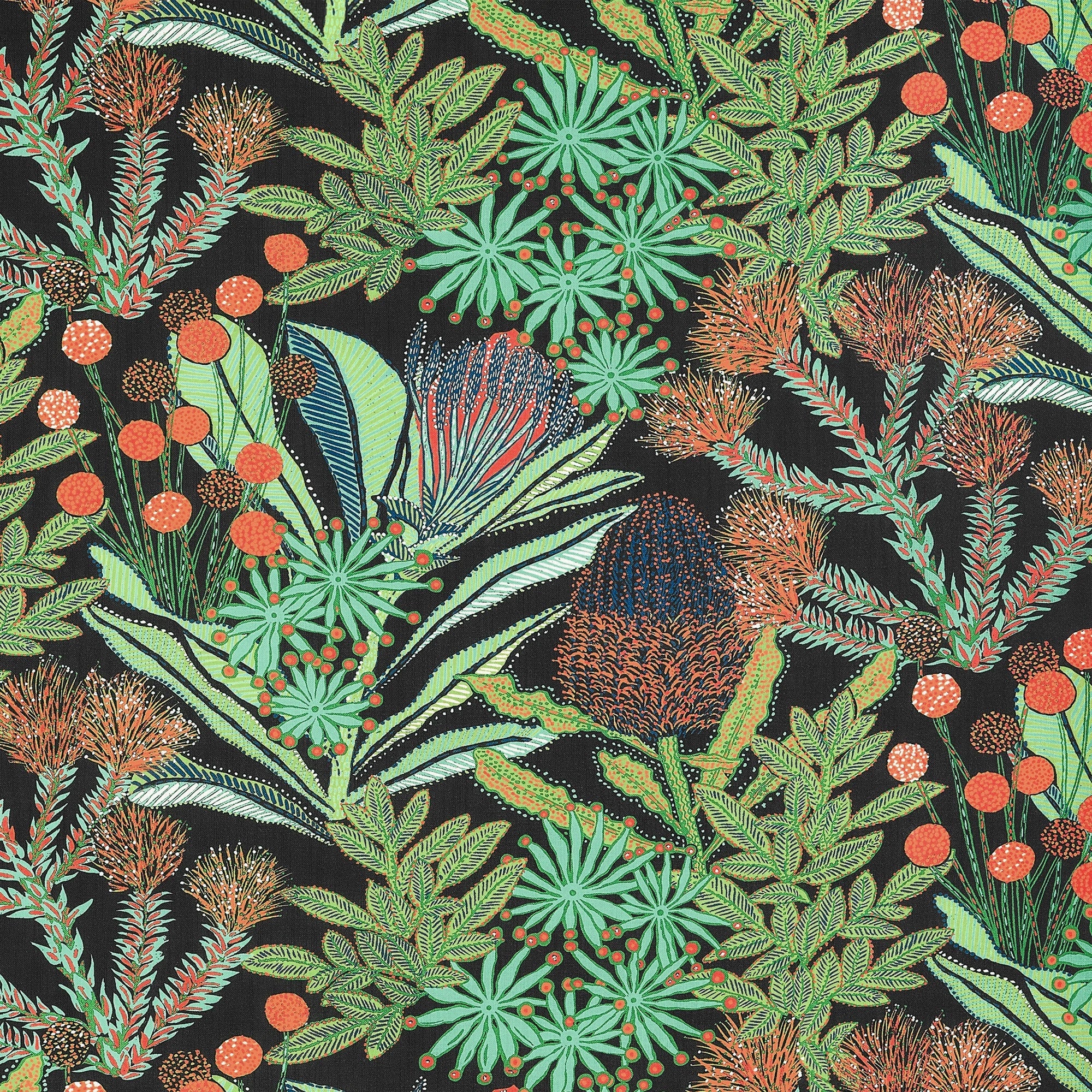 F81762 Protea Print Black Soleil Fabric by Thibaut