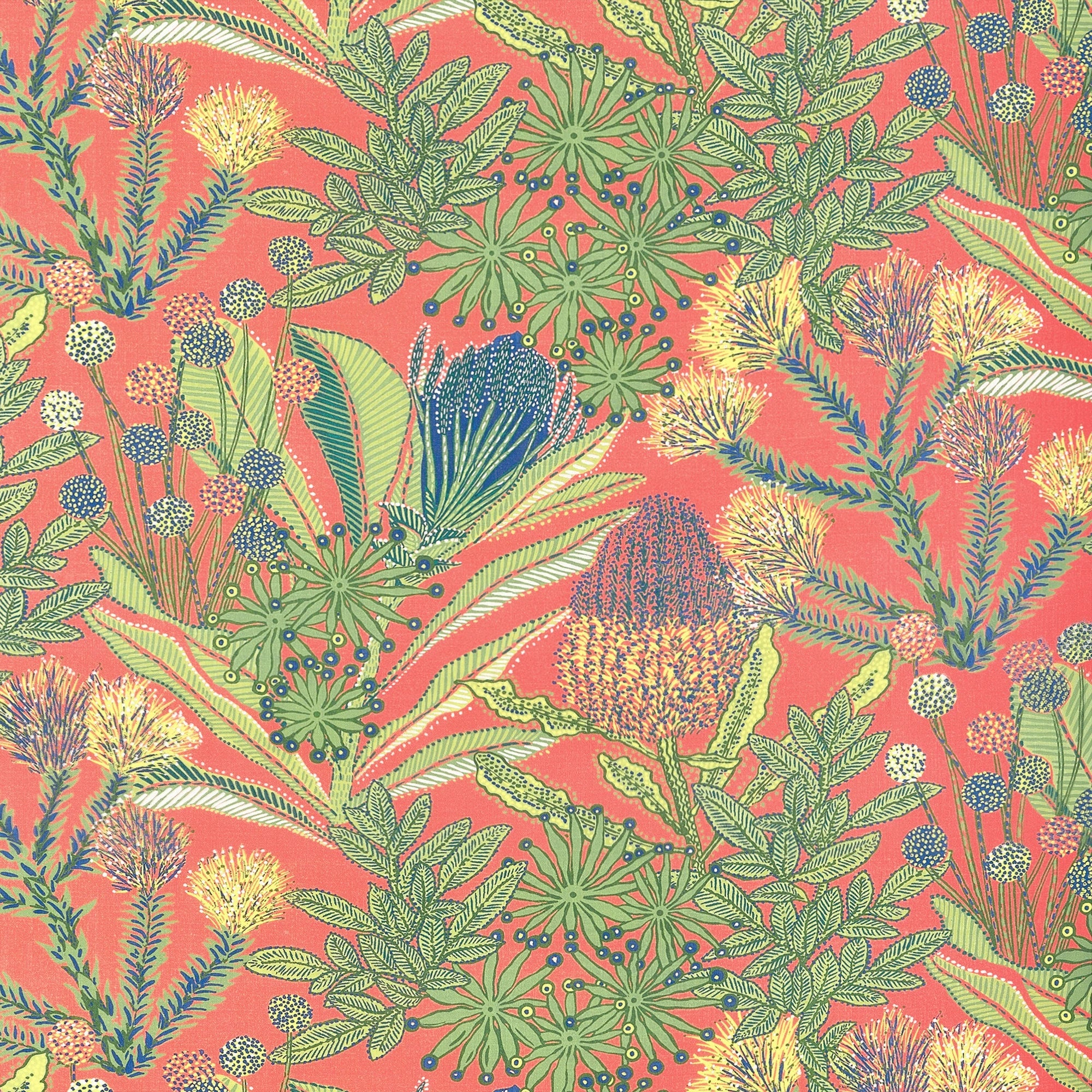 F81763 Protea Print Coral Soleil Fabric by Thibaut