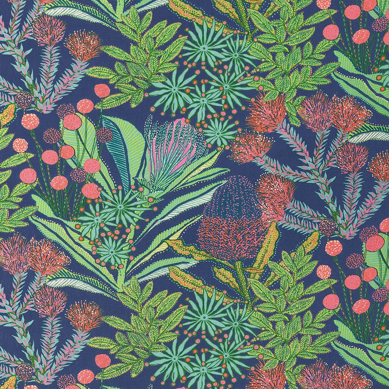 F81764 Protea Print Navy Soleil Fabric by Thibaut