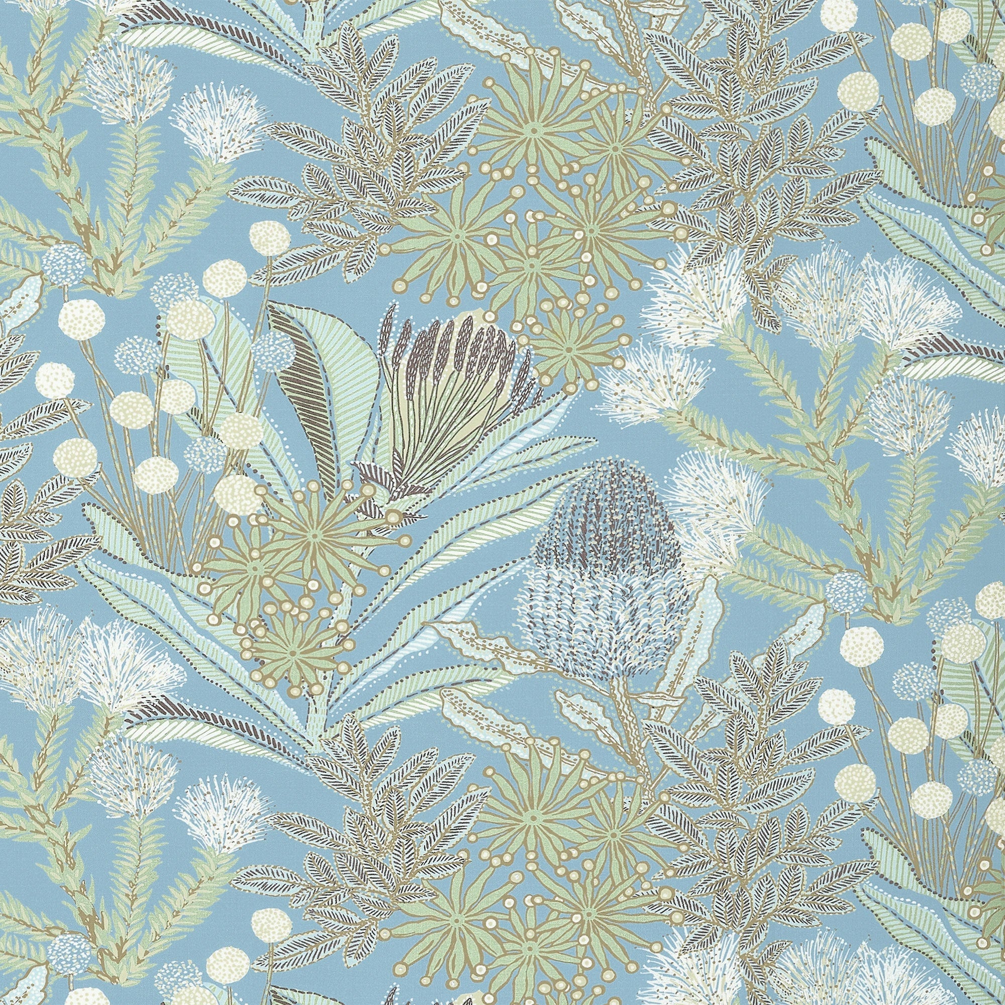 F81766 Protea Print Spa Blue Soleil Fabric by Thibaut