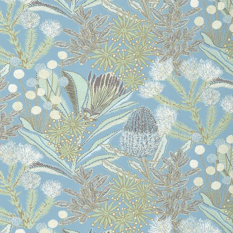 F81766 Protea Print Spa Blue Soleil Fabric by Thibaut