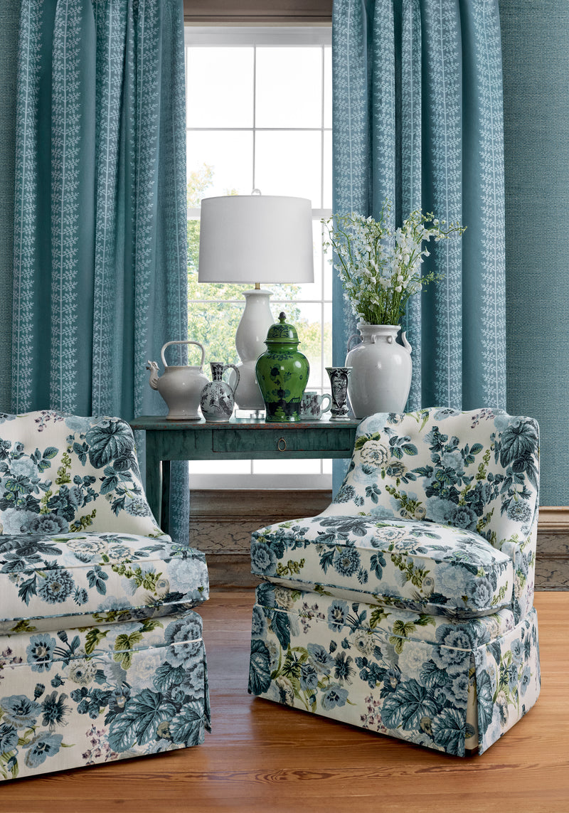 F910512 Hidcote Lavender and Blues Boxwood Fabric by Thibaut