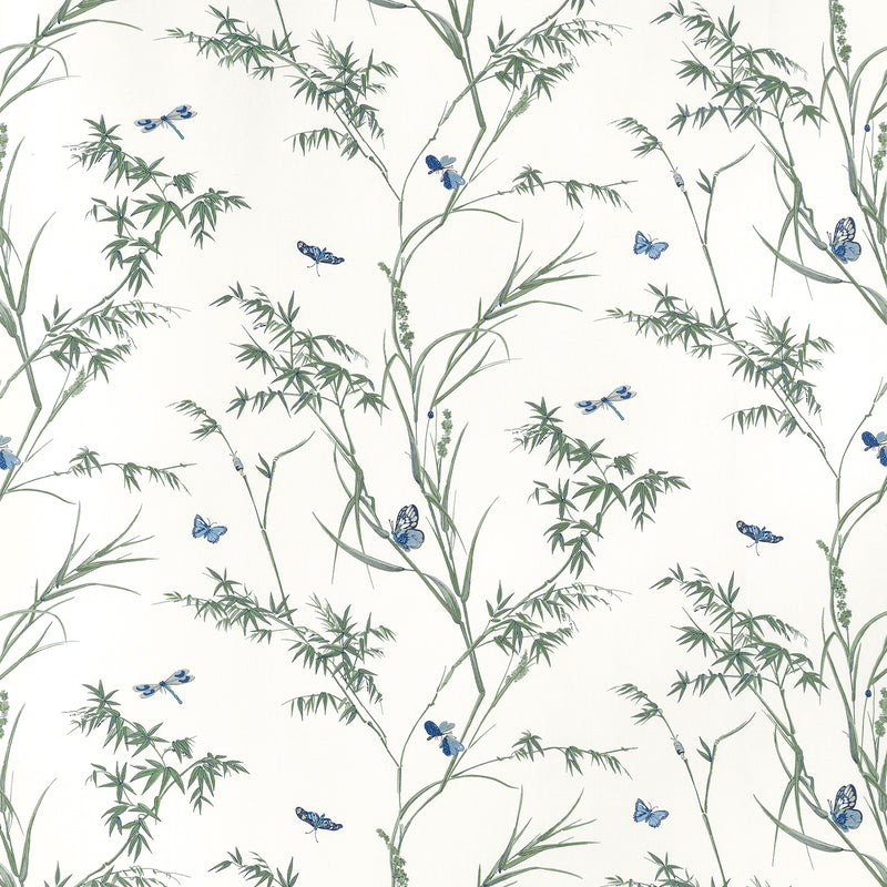 F910528 Virginia Blue and Green Boxwood Fabric by Thibaut