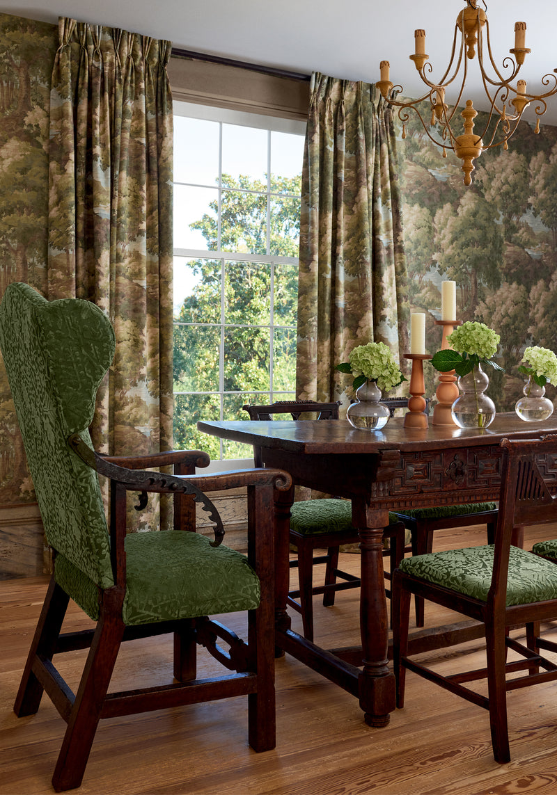 F910546 Woodland Clearing Green Boxwood Fabric by Thibaut