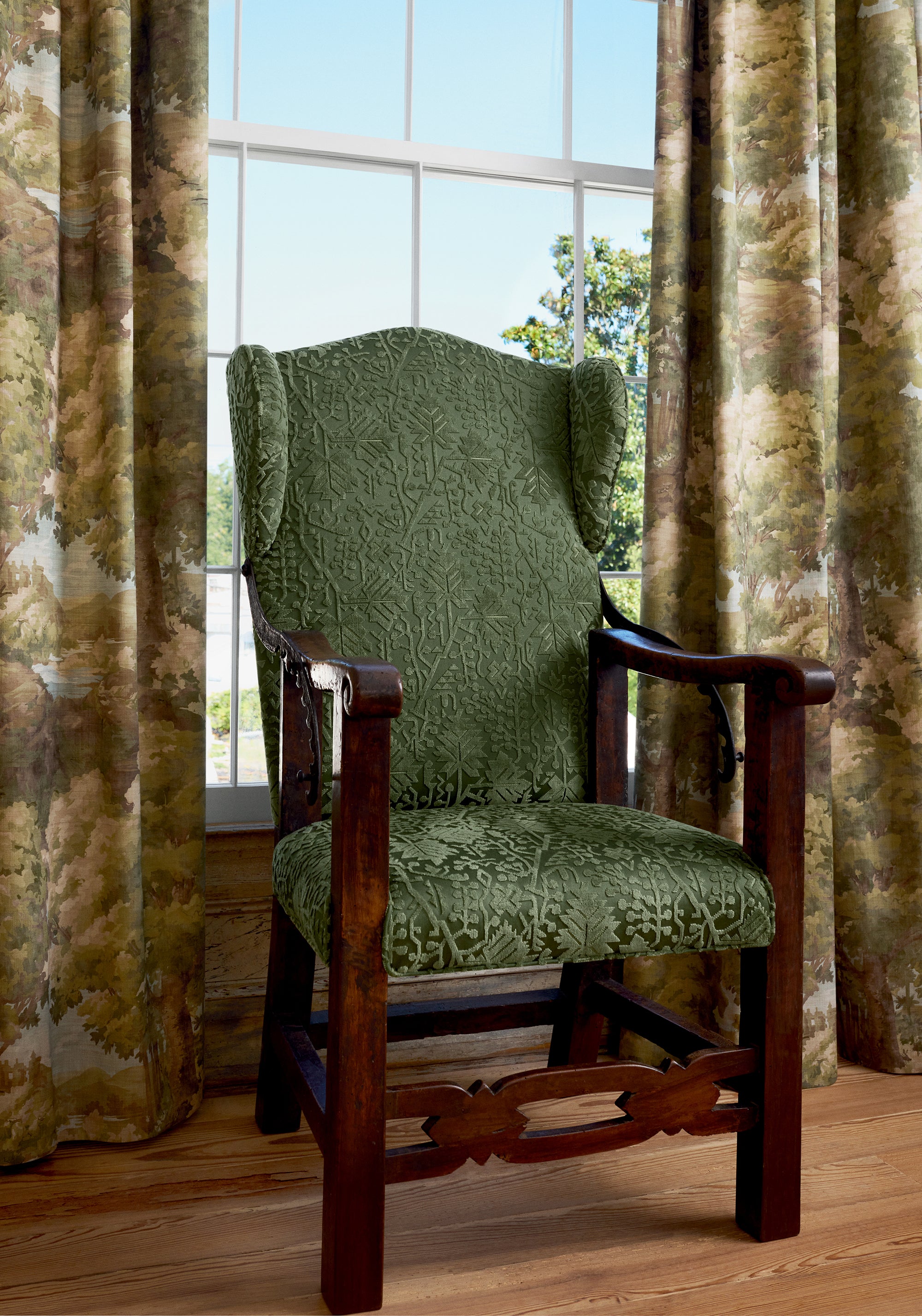 F910546 Woodland Clearing Green Boxwood Fabric by Thibaut