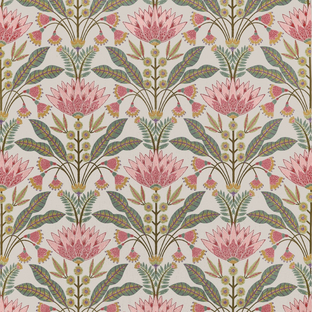 F914606 Lotus Cranberry and Green Fabric by Thibaut