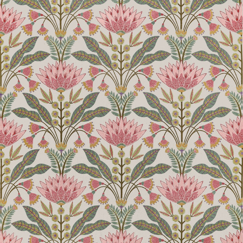 F914606 Lotus Cranberry and Green Fabric by Thibaut