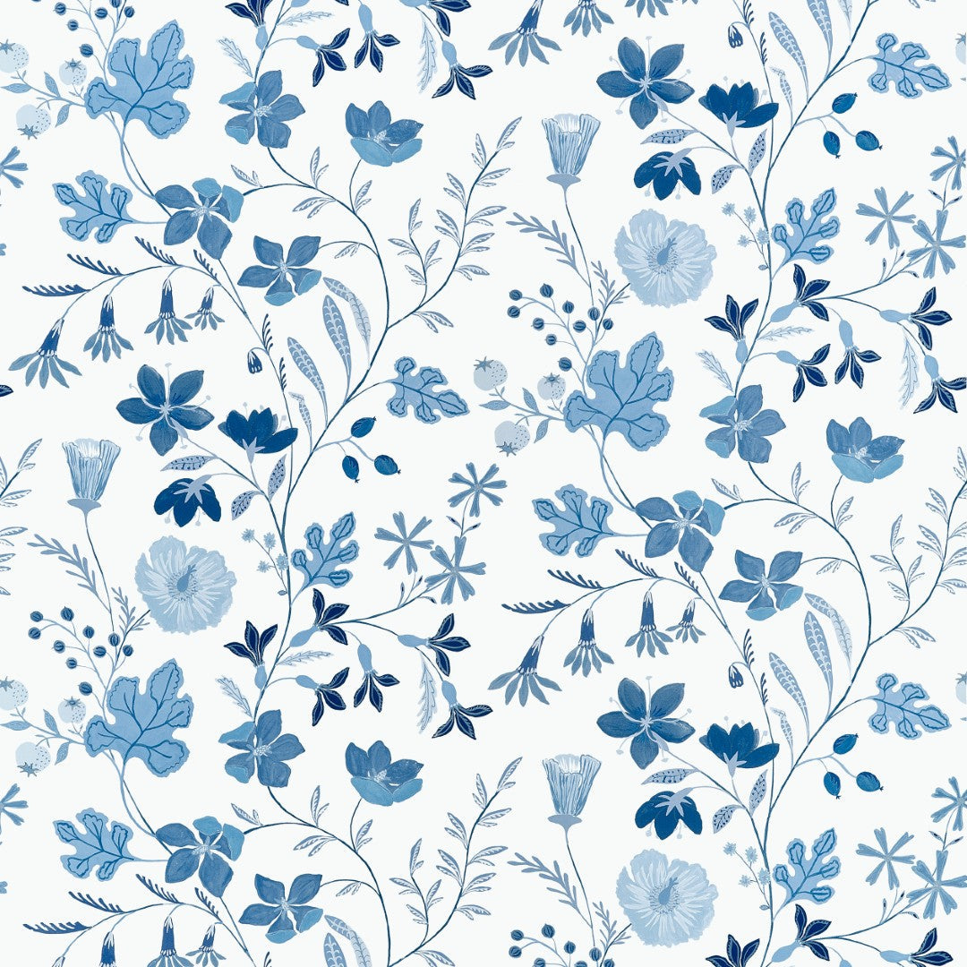 F914626 Bloom Blue and White Fabric by Thibaut