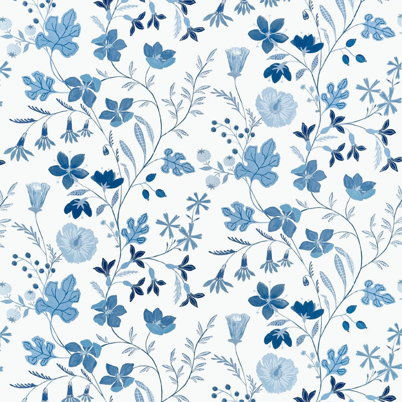 F914626 Bloom Blue and White Fabric by Thibaut