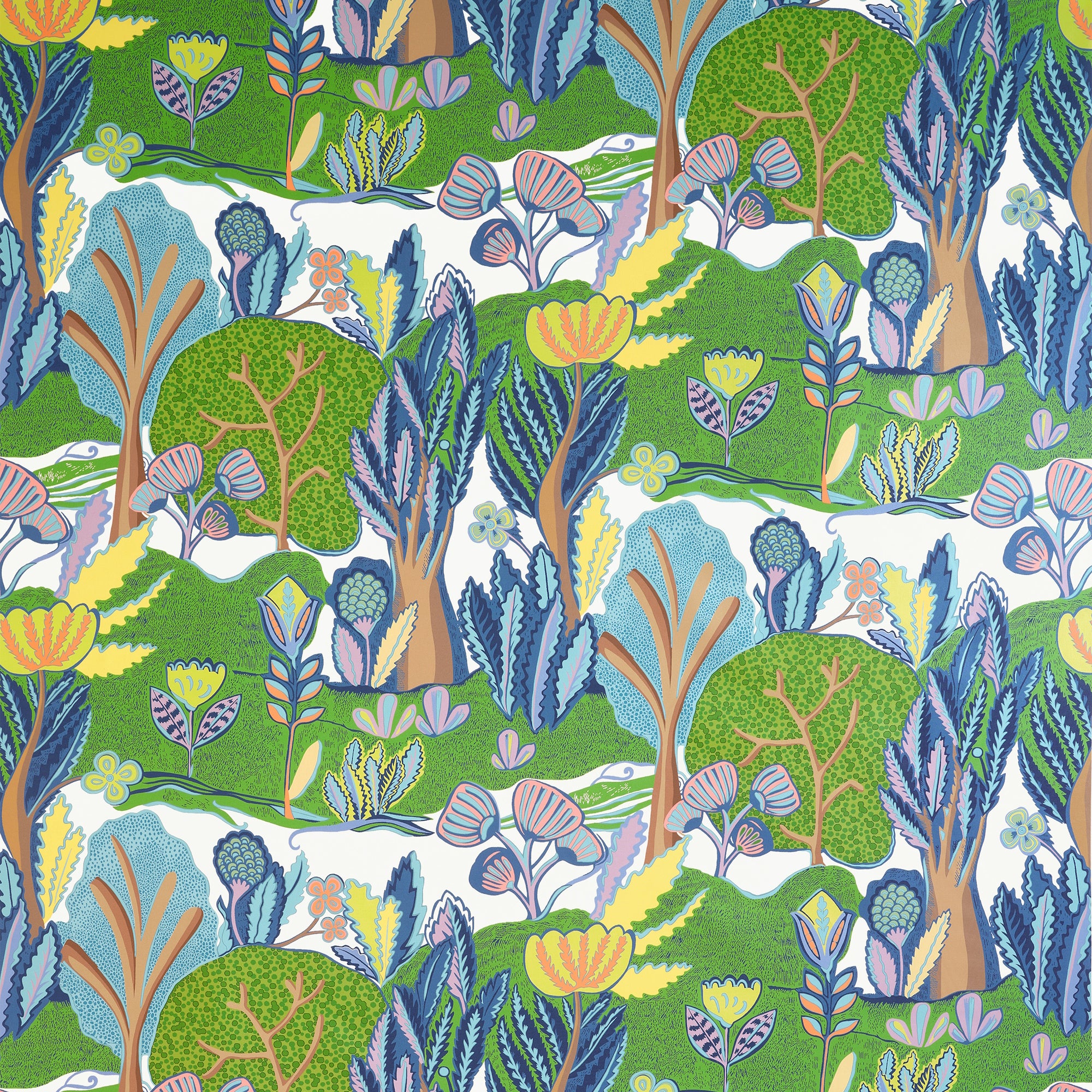 F945009 Albero Green and Blue Wanderlust Fabric by Thibaut