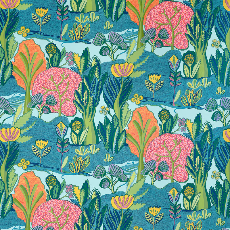 F945012 Albero Tangerine and Turquoise Wanderlust Fabric by Thibaut
