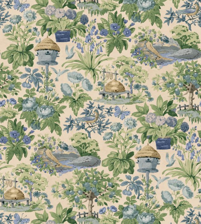 FG132.G107 Mulberry Garden Blue/Green Garden Party 2 Wallpaper by Mulb