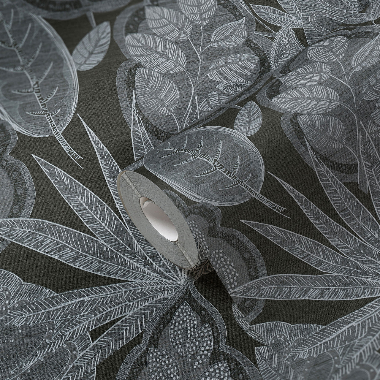 FL61111 Grafic Leaves Motif Flourish Grey and Black Wallpaper By Galerie