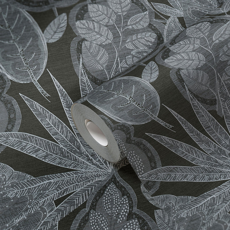 FL61111 Grafic Leaves Motif Flourish Grey and Black Wallpaper By Galerie