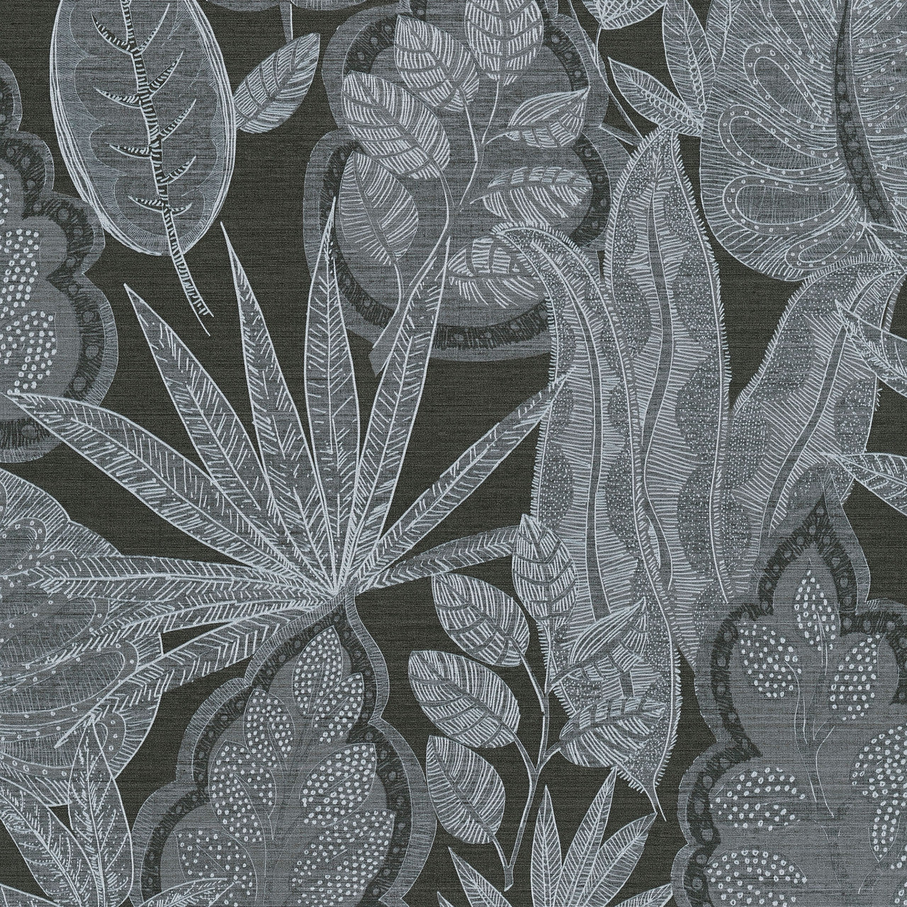 FL61111 Grafic Leaves Motif Flourish Grey and Black Wallpaper By Galerie