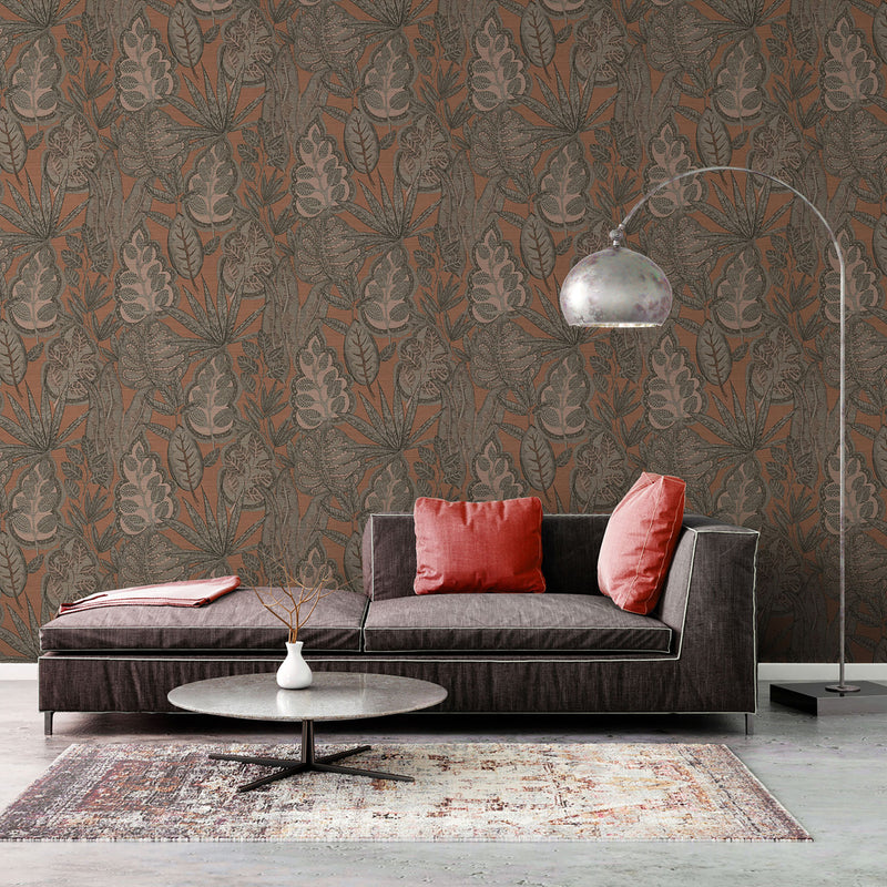 FL61112 Grafic Leaves Motif Flourish Beige and Brown Wallpaper By Galerie
