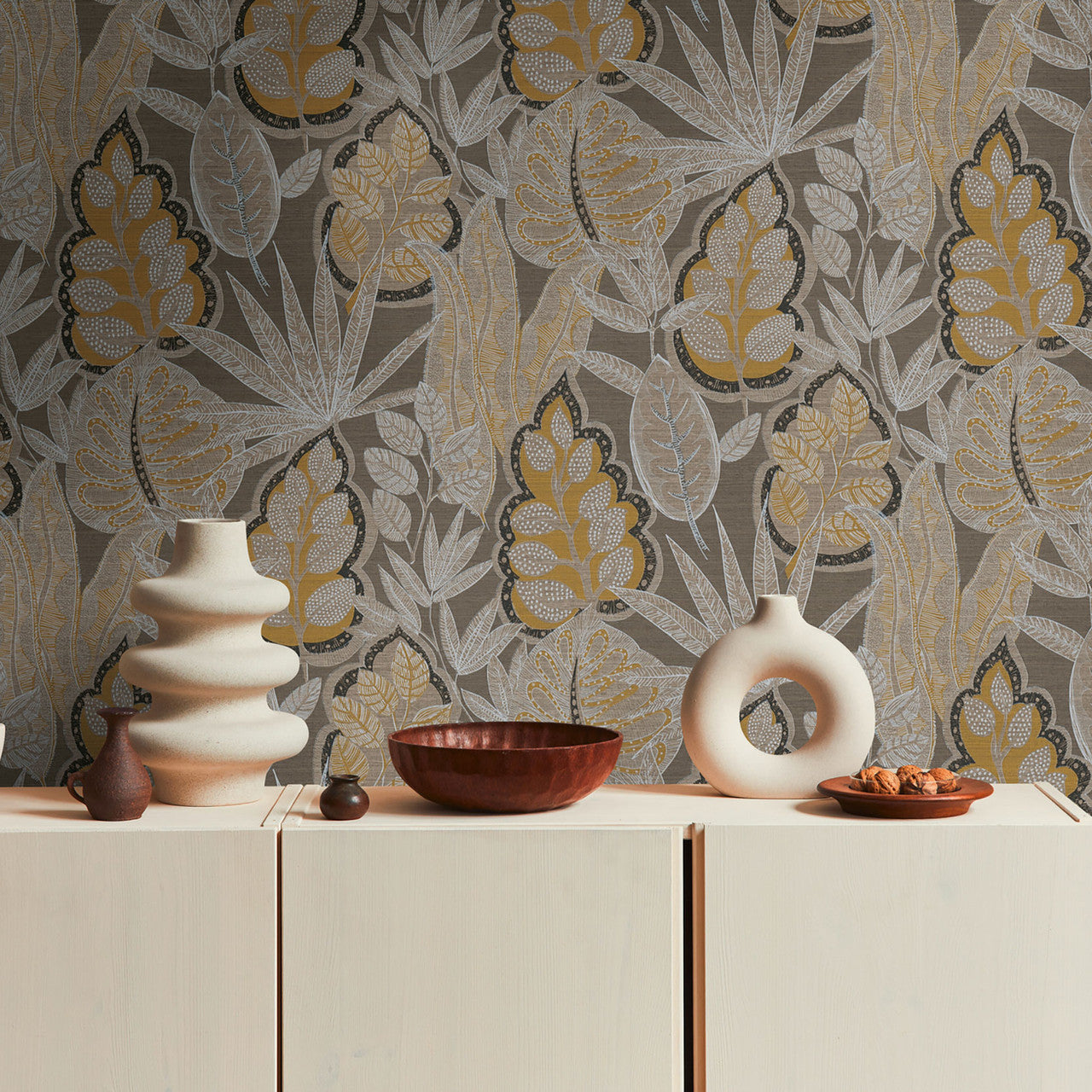 FL61113 Grafic Leaves Motif Flourish Beige and Brown Wallpaper By Galerie