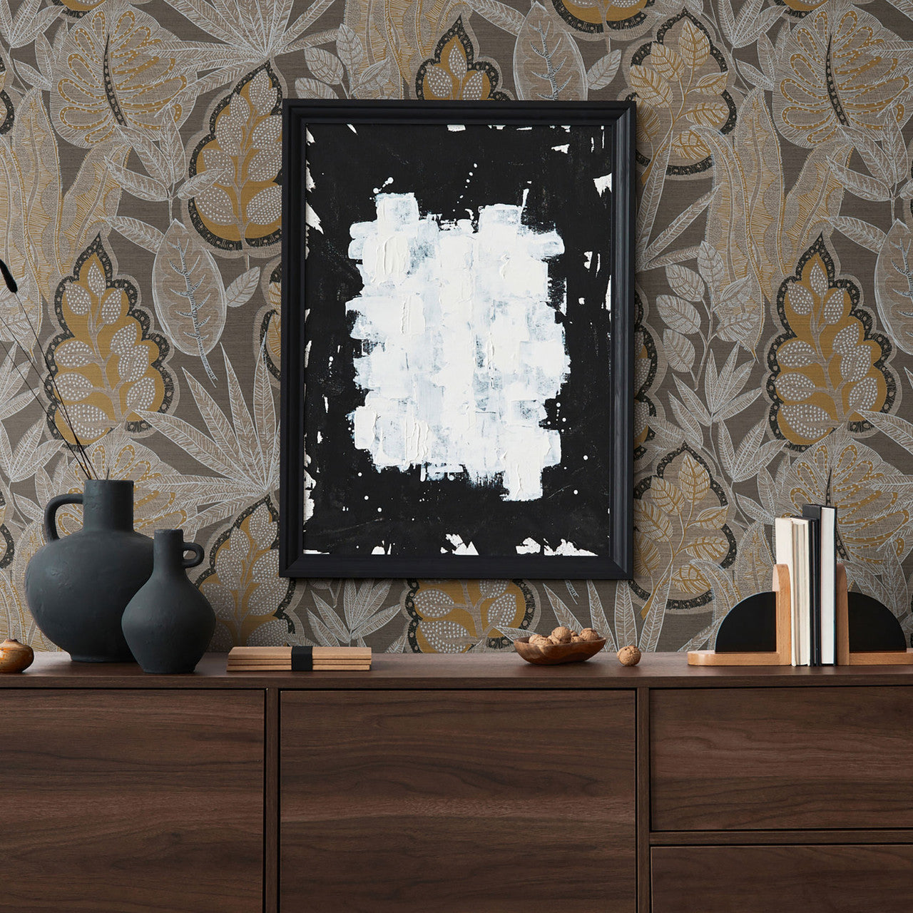 FL61113 Grafic Leaves Motif Flourish Beige and Brown Wallpaper By Galerie