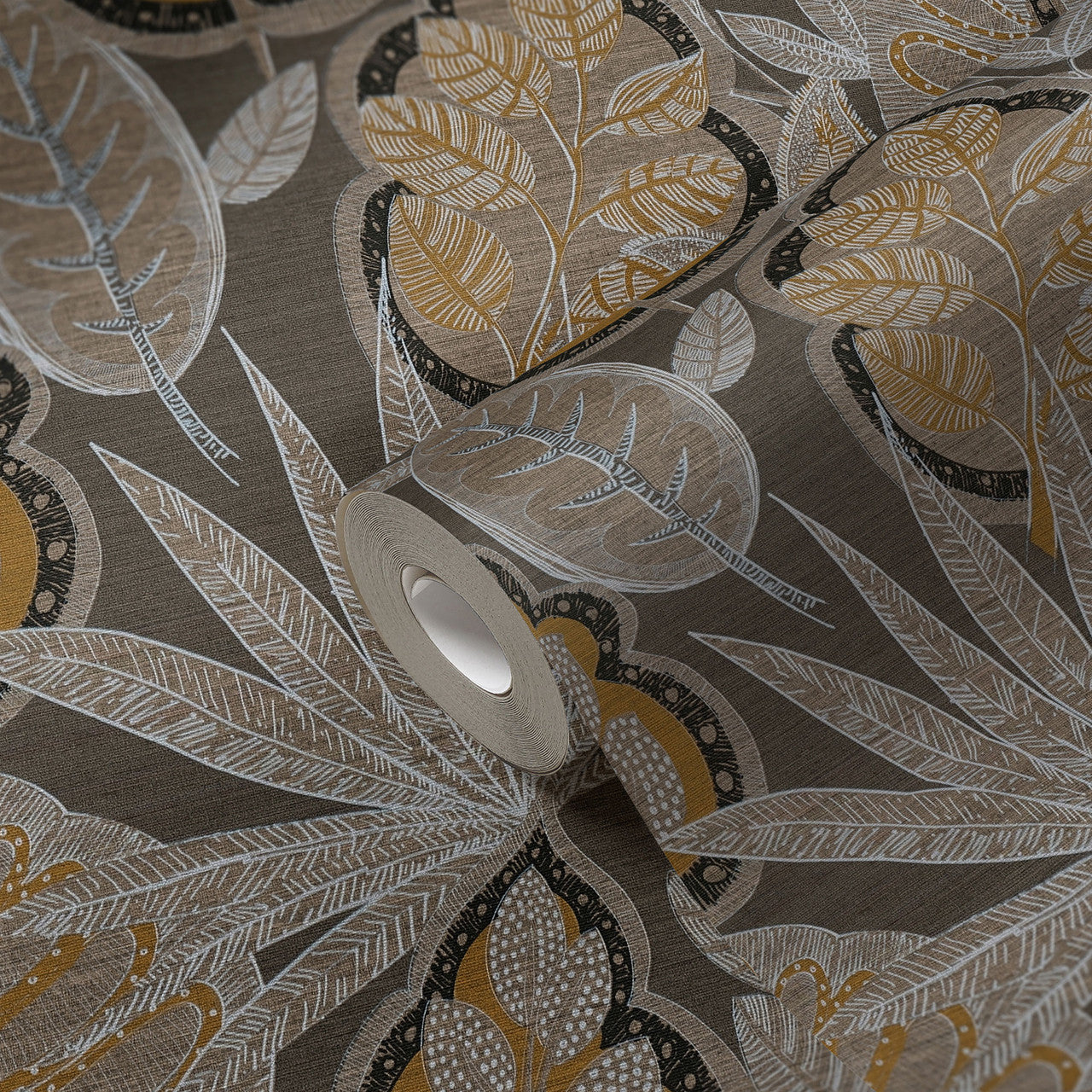 FL61113 Grafic Leaves Motif Flourish Beige and Brown Wallpaper By Galerie
