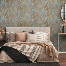 FL61114 Grafic Leaves Motif Flourish Beige and Blue Wallpaper By Galerie