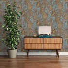 FL61114 Grafic Leaves Motif Flourish Beige and Blue Wallpaper By Galerie