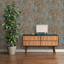 FL61114 Grafic Leaves Motif Flourish Beige and Blue Wallpaper By Galerie
