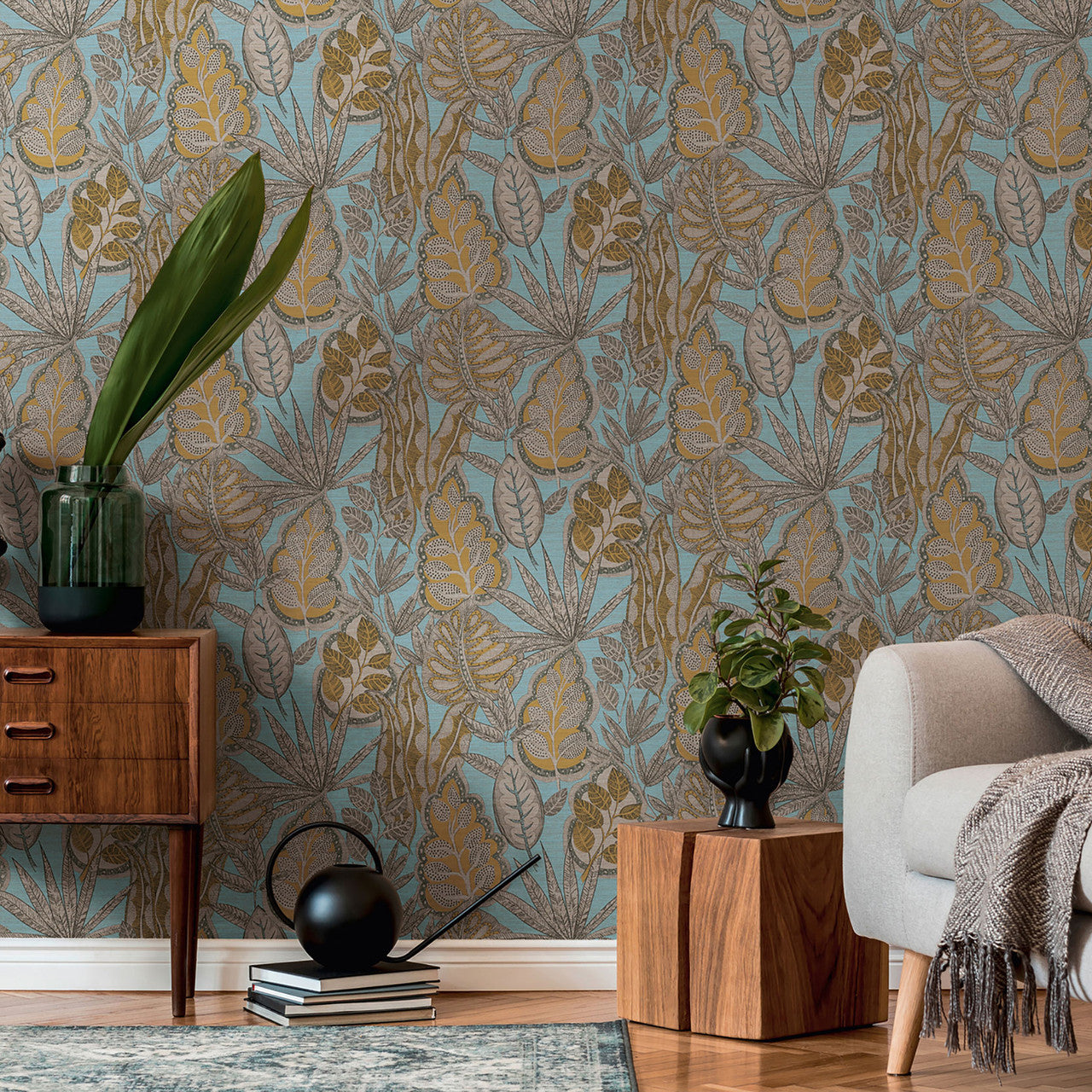 FL61114 Grafic Leaves Motif Flourish Beige and Blue Wallpaper By Galerie