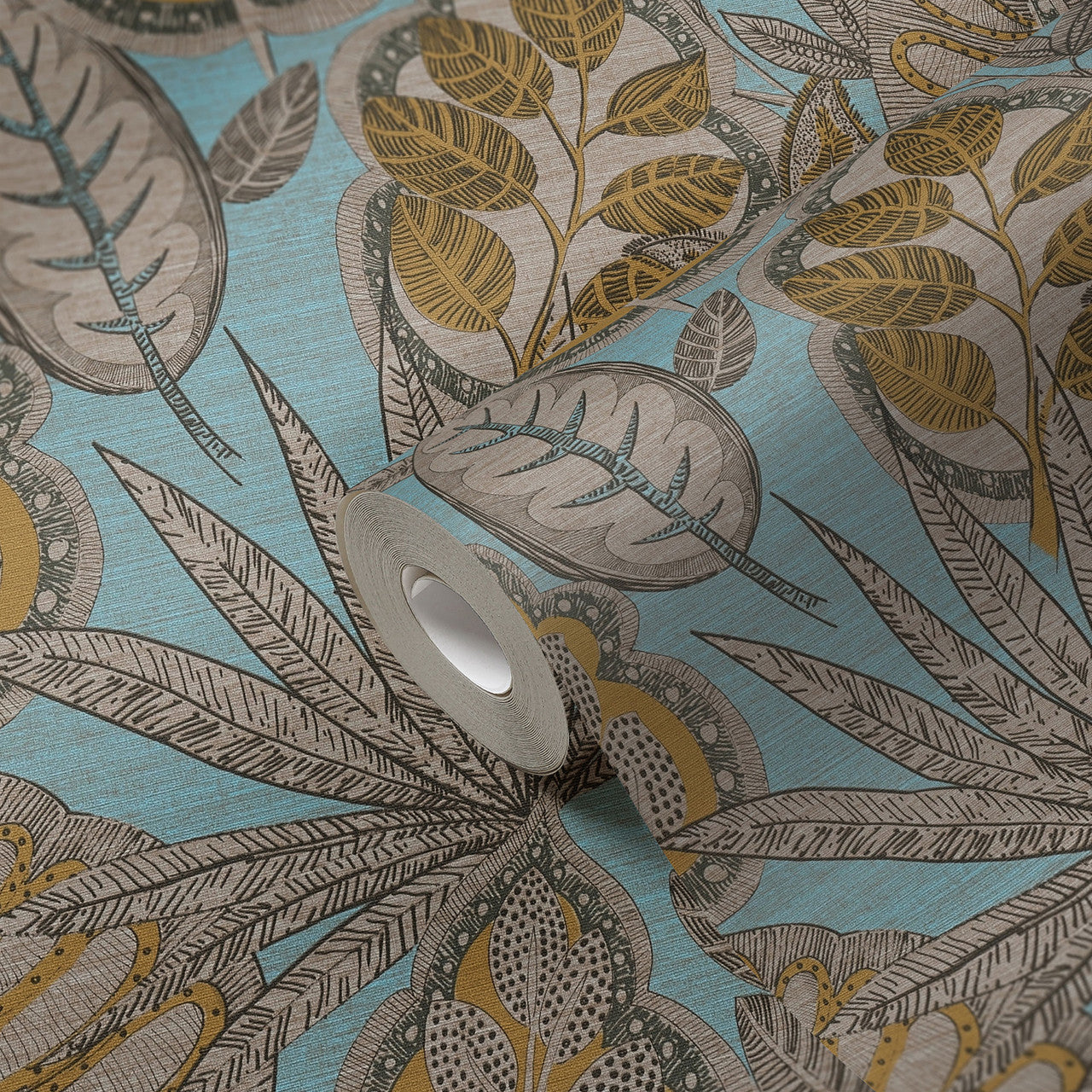 FL61114 Grafic Leaves Motif Flourish Beige and Blue Wallpaper By Galerie