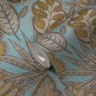 FL61114 Grafic Leaves Motif Flourish Beige and Blue Wallpaper By Galerie