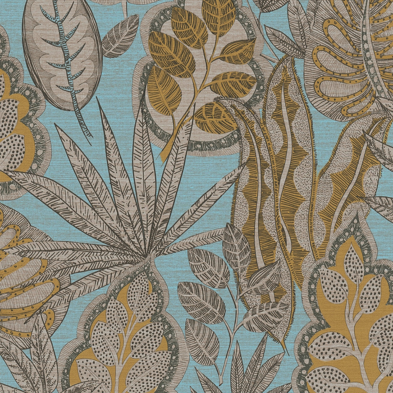 FL61114 Grafic Leaves Motif Flourish Beige and Blue Wallpaper By Galerie