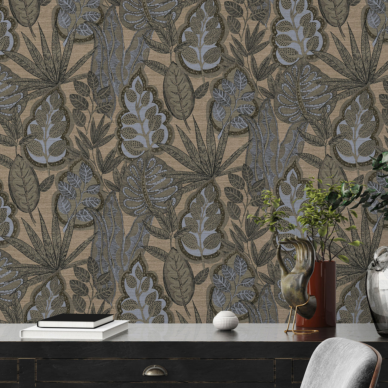 FL61115 Grafic Leaves Motif Flourish Beige and Brown Wallpaper By Galerie