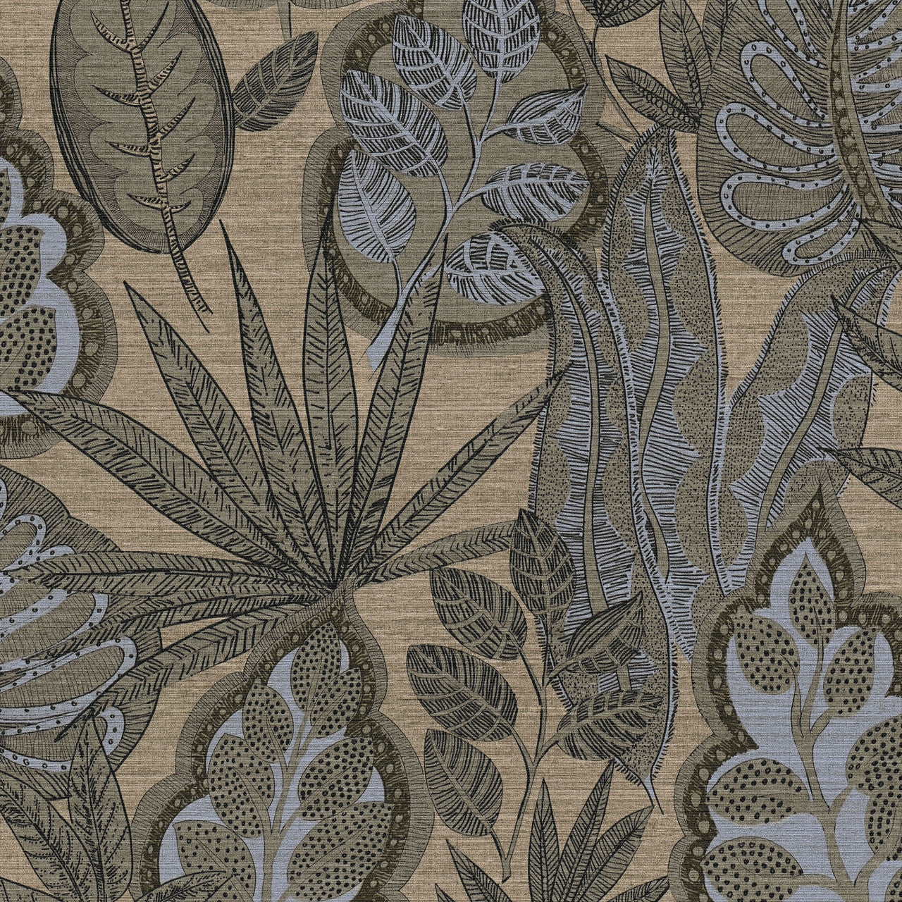 FL61115 Grafic Leaves Motif Flourish Beige and Brown Wallpaper By Galerie